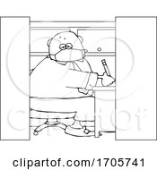 Poster, Art Print Of Cartoon Black And White Businessman Wearing A Covid19 Mask And Working In A Cubicle