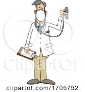 Poster, Art Print Of Cartoon Male Doctor Wearing A Mask And Listening Through A Stethoscope