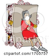 Cartoon Woman Wearing A Mask And Leaning Back Against A Door With Coronavirus