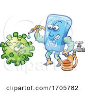 Cartoon Bar Of Super Soap Spraying Down Coronavirus