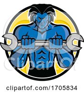 Poster, Art Print Of Blue Muscular Monster With Big Hair Holding A Wrench Or Spanner