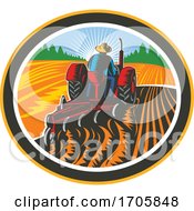 Farmer Driving Tractor Plowing Field Circle Retro by patrimonio