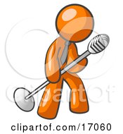 Orange Man In A Tie Singing Songs On Stage During A Concert Or At A Karaoke Bar While Tipping The Microphone Clipart Illustration
