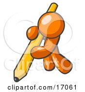 Orange Man Using All Of His Strength To Hold Up And Write With A Giant Yellow Number Two Pencil Clipart Illustration by Leo Blanchette