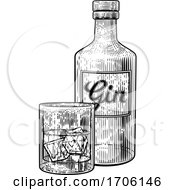 Gin Bottle Glass And Ice Vintage Etching Style