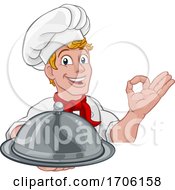 Chef Cook Baker Man Cartoon Holding Domed Tray