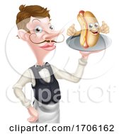Cartoon Hotdog Mascot Waiter