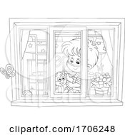 Poster, Art Print Of Boy Wearing A Covid19 Mask And Petting His Kitty On A Window Sill
