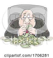 Cartoon Fat Politician Greedily Counting His Money