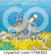 Poster, Art Print Of Octopus With Sunken Items