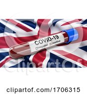 Poster, Art Print Of Flag Of The United Kingdom Waving In The Wind With A Positive Covid 19 Blood Test Tube
