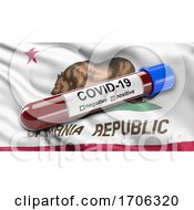 Poster, Art Print Of Us State Flag Of California Waving In The Wind With A Positive Covid 19 Blood Test Tube