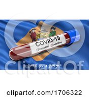 Poster, Art Print Of Us State Flag Of Delaware Waving In The Wind With A Positive Covid 19 Blood Test Tube