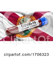 Poster, Art Print Of Us State Flag Of Florida Waving In The Wind With A Positive Covid 19 Blood Test Tube