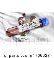 Poster, Art Print Of Us State Flag Of Illinois Waving In The Wind With A Positive Covid 19 Blood Test Tube