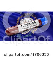 Poster, Art Print Of Us State Flag Of Kentucky Waving In The Wind With A Positive Covid 19 Blood Test Tube
