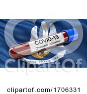 Poster, Art Print Of Us State Flag Of Louisiana Waving In The Wind With A Positive Covid 19 Blood Test Tube