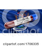 Poster, Art Print Of Us State Flag Of Michigan Waving In The Wind With A Positive Covid 19 Blood Test Tube