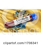 Poster, Art Print Of Us State Flag Of New Jersey Waving In The Wind With A Positive Covid 19 Blood Test Tube