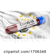 Poster, Art Print Of Us State Flag Of Rhode Island Waving In The Wind With A Positive Covid 19 Blood Test Tube