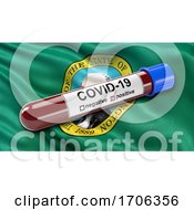 Poster, Art Print Of Us State Flag Of Washington Waving In The Wind With A Positive Covid 19 Blood Test Tube