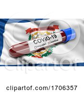 Poster, Art Print Of Us State Flag Of Virginia Waving In The Wind With A Positive Covid 19 Blood Test Tube