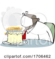 Cartoon Black Businessman Wearing A Face Mask And Sitting In Front Of His Birthday Cake