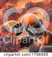 3D Medical Background With Covid 19 Virus Cells And Male Figure With Fever And Sore Throat