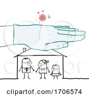 Stick Family Wearing Covid Face Masks And A Gloved Hand Over Their House Protecting Them From The Virus
