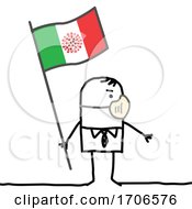 Stick Man Wearing A Covid Face Mask And Holding An Italian Flag