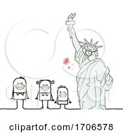 Poster, Art Print Of Stick Family Wearing Covid 19 Face Masks By The Statue Of Liberty