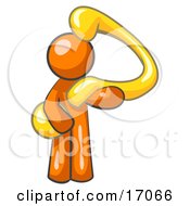 Orange Man Carrying A Large Yellow Question Mark Over His Shoulder Symbolizing Curiousity Uncertainty Or Confusion Clipart Illustration
