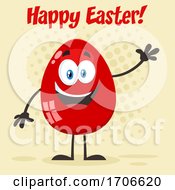Red Egg Mascot Waving Under Happy Easter Text