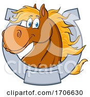 Poster, Art Print Of Cartoon Happy Horse Head In A Horseshoe