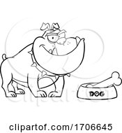 Poster, Art Print Of Cartoon Black And White Bulldog By A Dish With A Bone