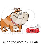 Poster, Art Print Of Cartoon Bulldog By A Dish With A Bone