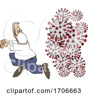 Cartoon Man Wearing A Mask And Running From Viruses