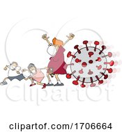 Poster, Art Print Of Cartoon Mother And Children Wearing A Mask And Running From Viruses