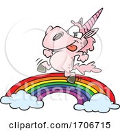 Cartoon Pink Unicorn Dancing On A Rainbow
