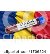 Poster, Art Print Of Flag Of Romania Waving In The Wind With A Positive Covid 19 Blood Test Tube