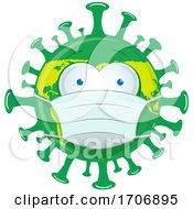 Green And Yellow Coronavirus Earth Mascot Wearing A Mask