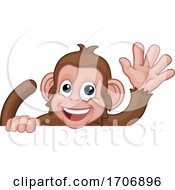 Poster, Art Print Of Monkey Cartoon Animal Behind Sign Waving