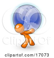 Orange Man Carrying The Blue Planet Earth On His Shoulders Symbolizing Ecology And Going Green Clipart Illustration