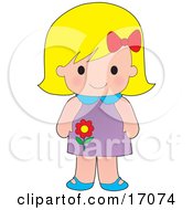 Cute Blond Caucasian Girl Wearing A Purple Floral Dress