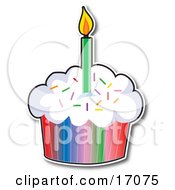 Birthday Cupcake With A Colorful Wrapper And Sprinkles Topped With A Lit Candle Clipart Illustration by Maria Bell