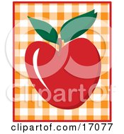 Poster, Art Print Of Yummy Red Apple With A Stem And Two Green Leaves Over A Checkered Background