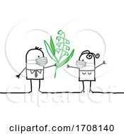 Stick Couple Wearing Coronavirus Masks And The Man Giving The Woman Flowers