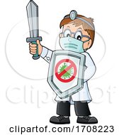 Poster, Art Print Of Cartoon Male Doctor Holding Up A Sword And Virus Shield