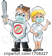 Cartoon Doctor And Nurse Fighting A Virus