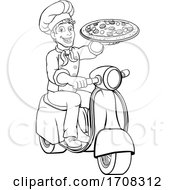 Poster, Art Print Of Pizza Delivery Chef Scooter Moped Cartoon Man